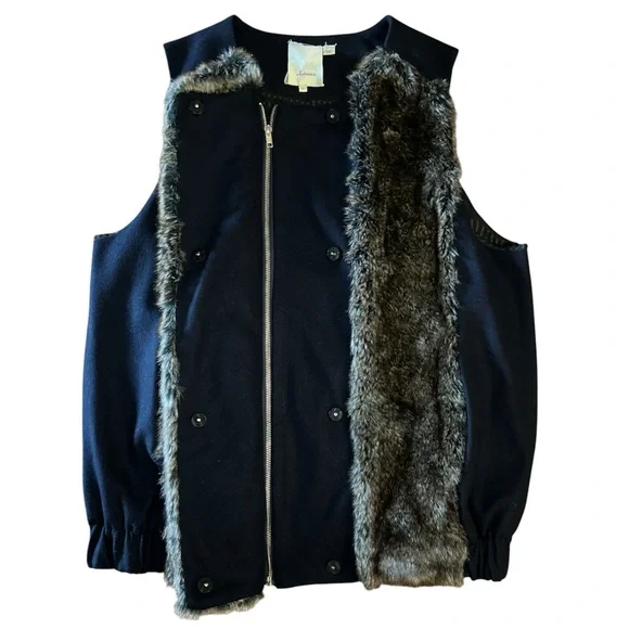 Elevenses Anthropologie Faux Fur and Navy Vest L - Picture 3 of 6